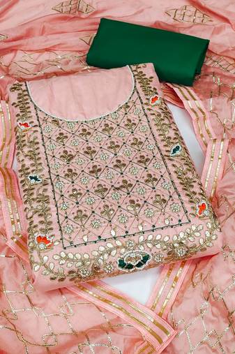 Peach color hand work work glass cotton unstitched chudidar dress material - mrfc11207d