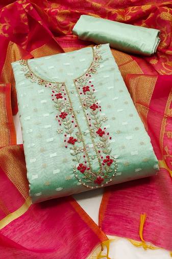 Light green color hand work work banarasi jacquard unstitched chudidar dress material - mrfc11209a