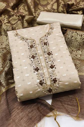 Beige color hand work work banarasi jacquard unstitched chudidar dress material - mrfc11209b
