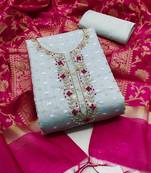 Teal blue color hand work work banarasi jacquard unstitched chudidar dress material 