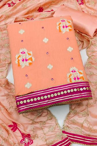 Peach color weaving work banarasi jacquard unstitched chudidar dress material - mrfc11225b