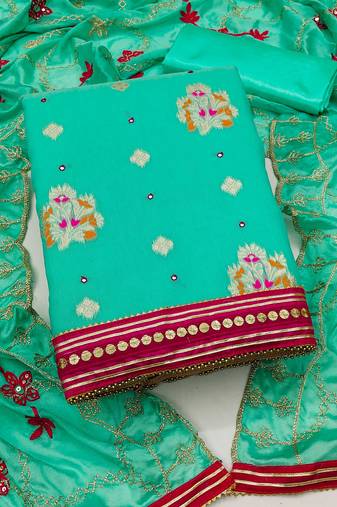 Green color weaving work banarasi jacquard unstitched chudidar dress material - mrfc11225d