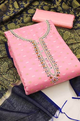 Pink color hand work work banarasi jacquard unstitched chudidar dress material - mrfc11227c