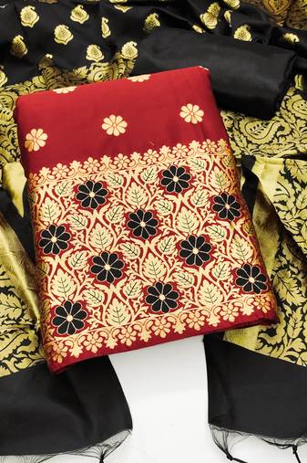 Maroon color weaving work banarasi jacquard unstitched chudidar dress material - mrfc11230b