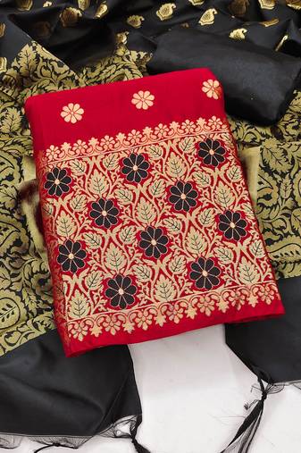 Red color weaving work banarasi jacquard unstitched chudidar dress material - mrfc11230d