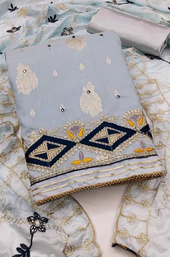 Sea green color embroidered work banarasi jacquard unstitched chudidar dress material - mrfc11231d