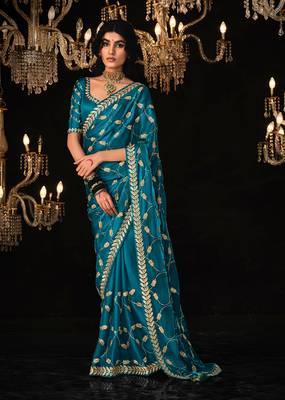 Dark blue colour tissue silk blend embroidered sarees for women 1