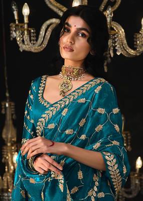 Dark blue colour tissue silk blend embroidered sarees for women 2