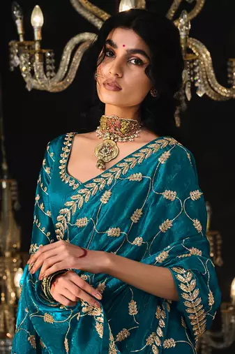 Dark blue colour tissue silk blend embroidered sarees for women