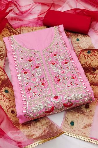 Baby pink color embroidered work cambric cotton unstitched chudidar dress material - mrfc11245a