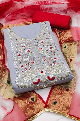 Grey color embroidered work cambric cotton unstitched chudidar dress material - mrfc11245b