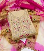 Beige color embroidered work cambric cotton unstitched chudidar dress material 