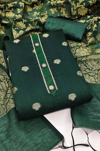 Green color weaving work banarasi jacquard unstitched chudidar dress material - mrfc11246d