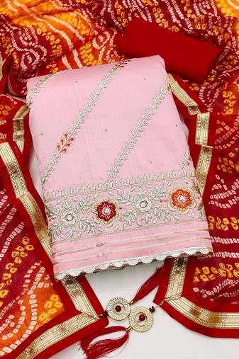 Baby pink color embroidered work premium jam cotton unstitched chudidar dress material - mrfc11248b