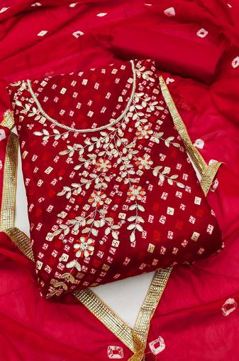 Red color hand work work premium jam cotton unstitched chudidar dress material - mrfc11255a