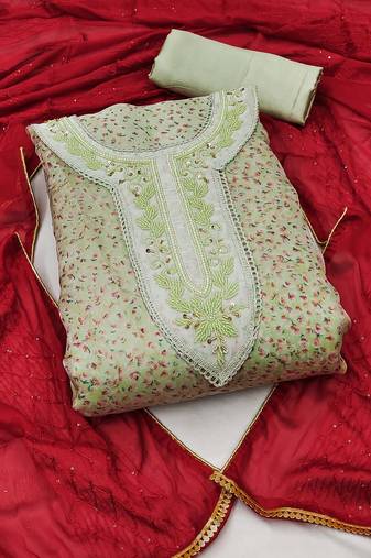 Olive green color embroidered work organja unstitched chudidar dress material - mrfc11257a