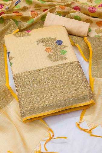 Beige color weaving work banarasi jacquard unstitched chudidar dress material - mrfc11275a