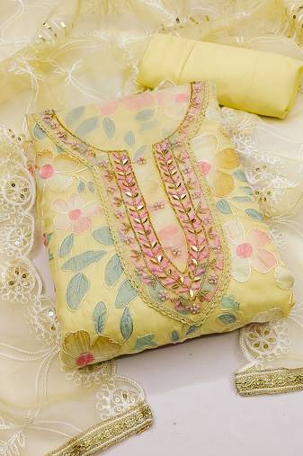 Yellow color embroidered work organja unstitched chudidar dress material - mrfc11278b