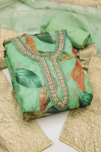 Green color sequence work organja unstitched chudidar dress material - mrfc11284a
