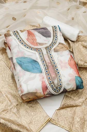 Off white color sequence work organja unstitched chudidar dress material - mrfc11284c