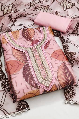 Pink color sequence work organja unstitched chudidar dress material - mrfc11285b