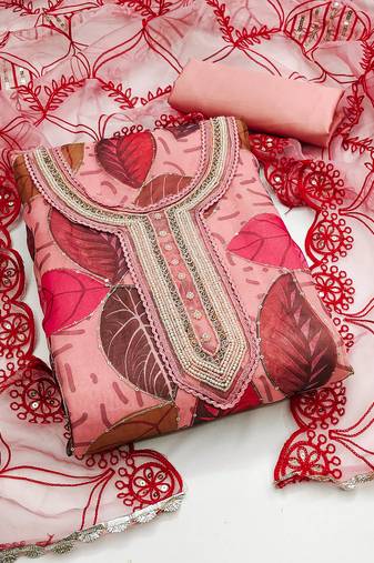 Peach color sequence work organja unstitched chudidar dress material - mrfc11285c