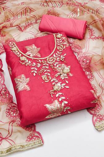 Pink color hand work work organja unstitched chudidar dress material - mrfc11289b