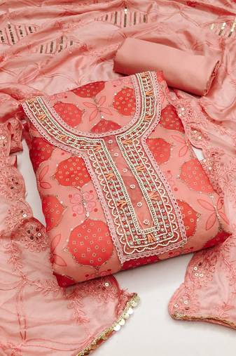 Peach color hand work work organja unstitched chudidar dress material - mrfc11290b