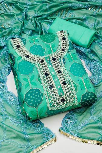 Sea green color hand work work organja unstitched chudidar dress material - mrfc11290d