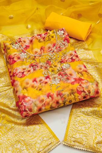 Multi color hand work work organja unstitched chudidar dress material - mrfc11291a