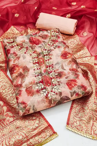 Multi color hand work work organja unstitched chudidar dress material - mrfc11292d