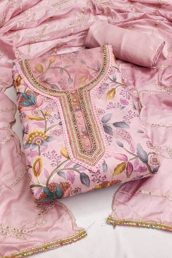 Pink color handwork work organza unstitched chudidar dress material - mrfc11296a