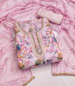 Baby pink color handwork work organza unstitched chudidar dress material 
