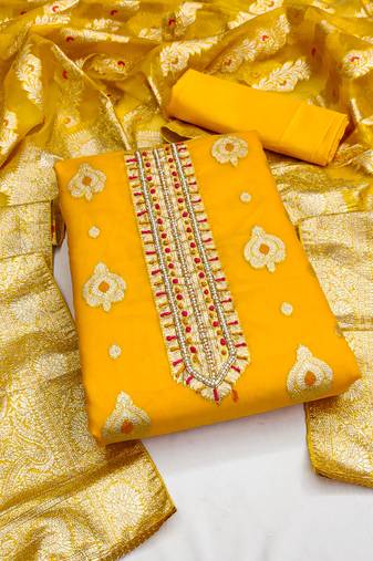Yellow color weaving work organza jacquard unstitched chudidar dress material - mrfc11297a