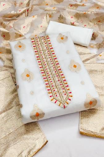 White color weaving work organza jacquard unstitched chudidar dress material - mrfc11297b