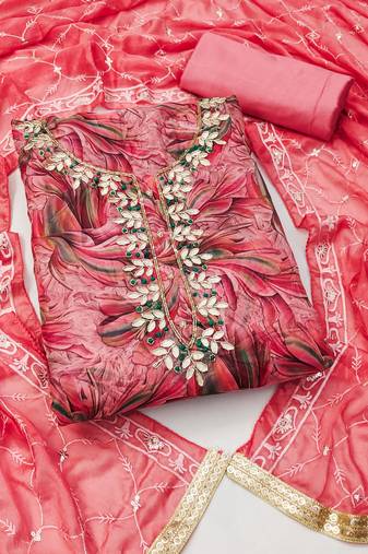 Pink color handwork work organza unstitched chudidar dress material - mrfc11299b