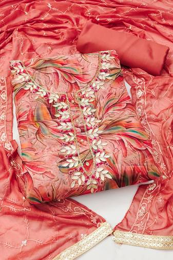 Peach color handwork work organza unstitched chudidar dress material - mrfc11299c