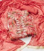 Peach color handwork work organza unstitched chudidar dress material 