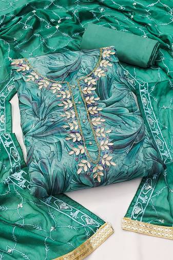 Sea green color handwork work organza unstitched chudidar dress material - mrfc11299d