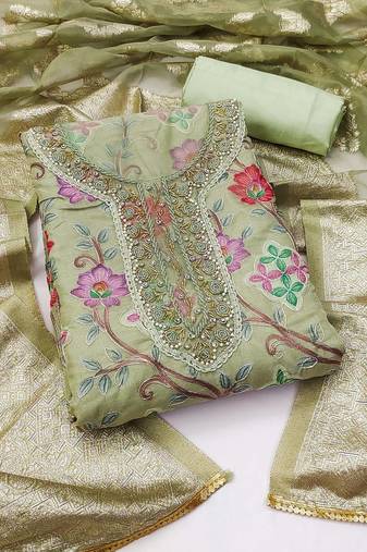 Pista green color handwork work organza unstitched chudidar dress material - mrfc11300a