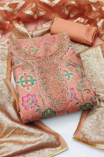 Peach color handwork work organza unstitched chudidar dress material - mrfc11300b