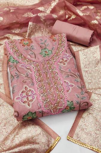 Pink color handwork work organza unstitched chudidar dress material - mrfc11300d