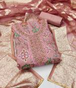 Pink color handwork work organza unstitched chudidar dress material 