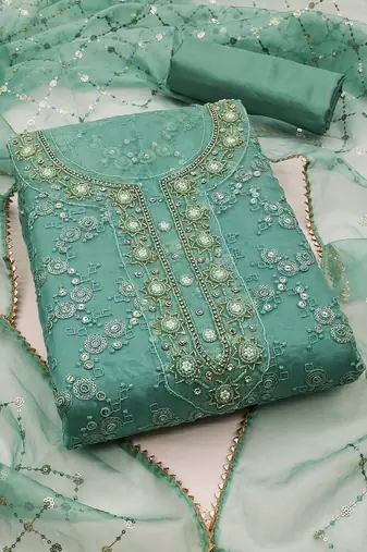 Sea green color sequence work pure organza unstitched chudidar dress material - mrfc11304a