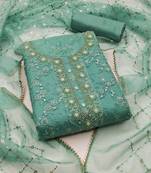 Sea green color sequins work pure organza unstitched chudidar dress material 