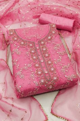 Pink color sequence work pure organza unstitched chudidar dress material - mrfc11304c
