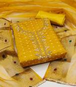 Mustard color hand work work modal cotton unstitched chudidar dress material 