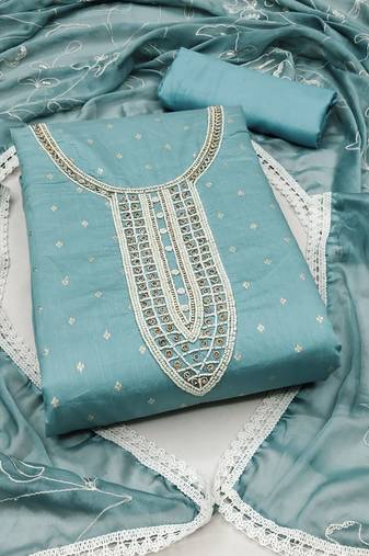 Teal blue color hand work work modal cotton unstitched chudidar dress material - mrfc11308e