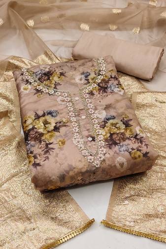Beige color hand work work organza unstitched chudidar dress material - mrfc11309c