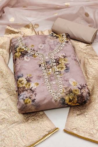 Rose gold color hand work work organza unstitched chudidar dress material - mrfc11309d